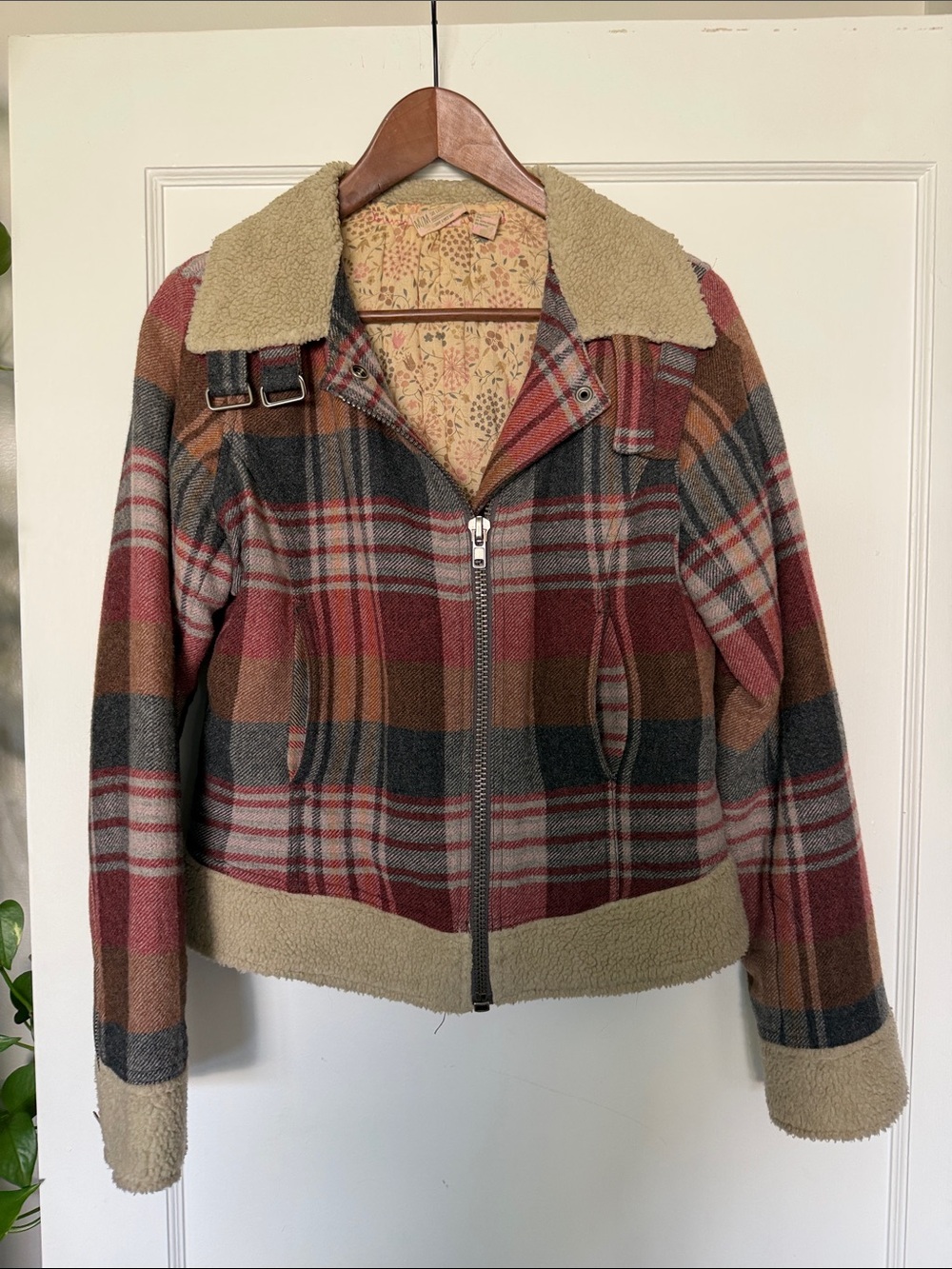 Free People plaid Sherpa moto jacket size M - Picture 1 of 5